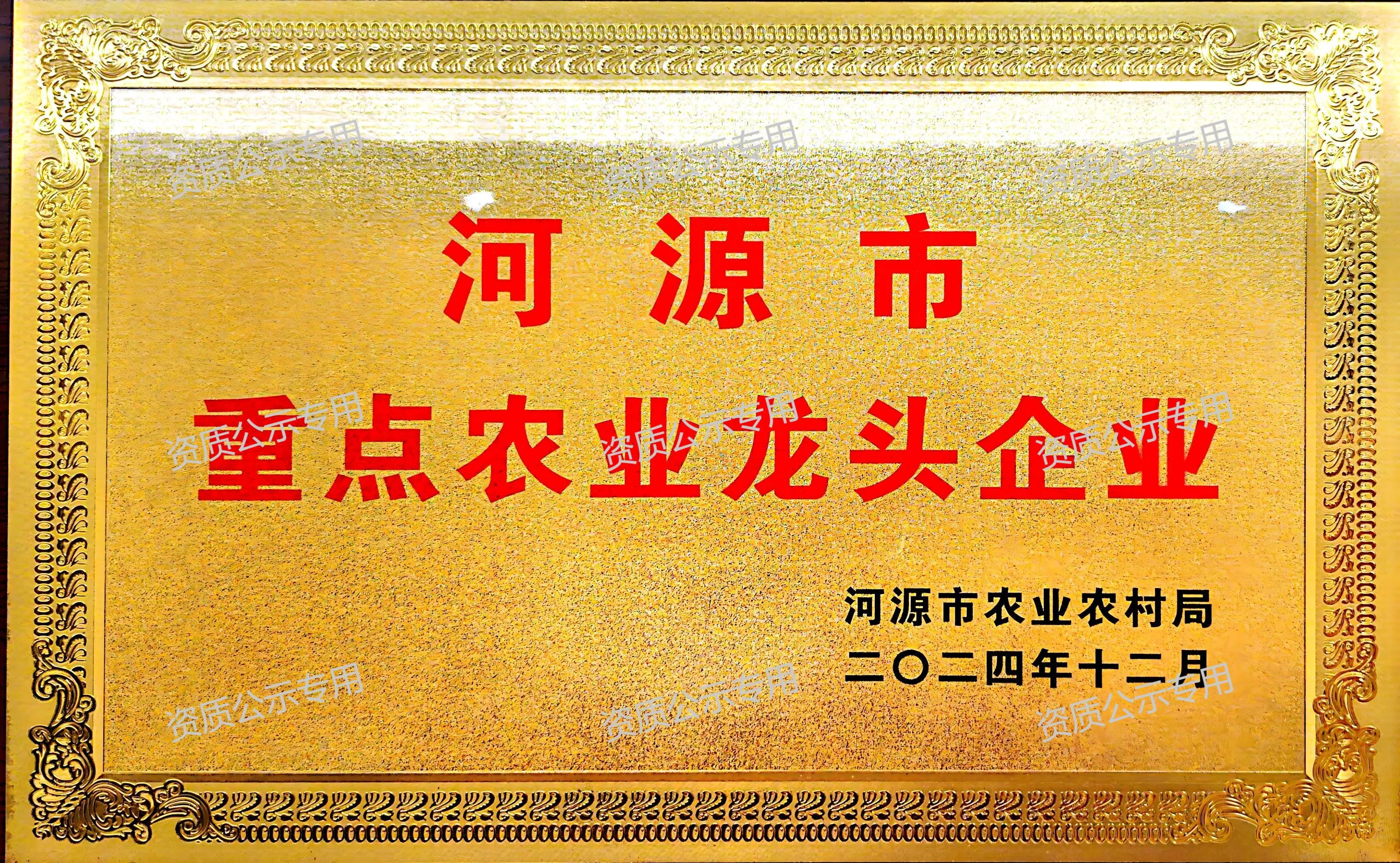 河源市重点农业龙头企业证书