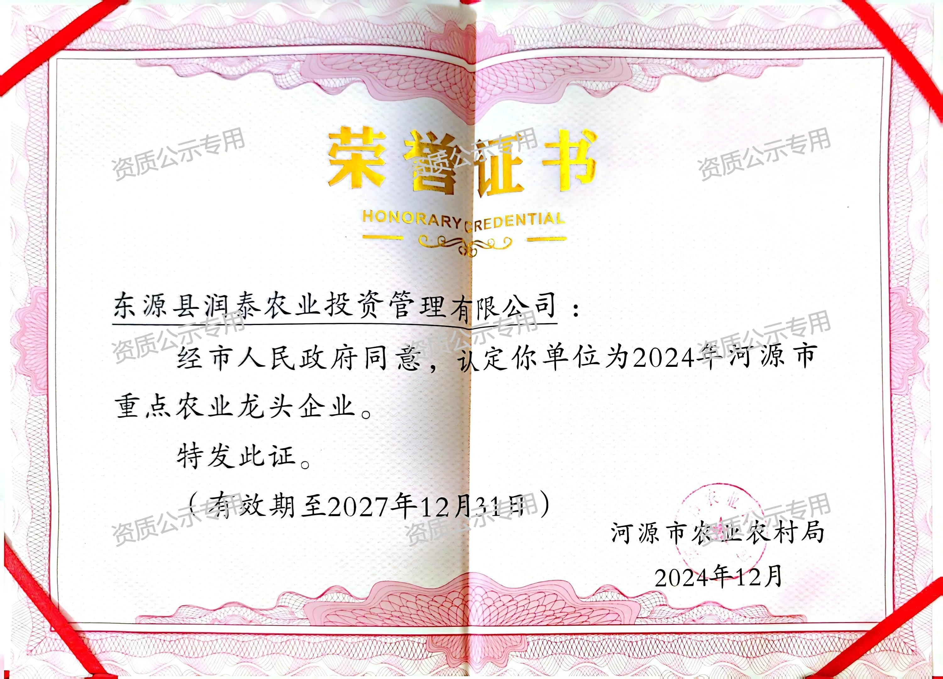 重点农业龙头企业荣誉证书